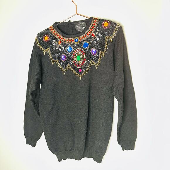 CAROLE LITTLE Vintage Jewel Embroidered 100% Black Wool Sweater Size Large - Picture 1 of 11
